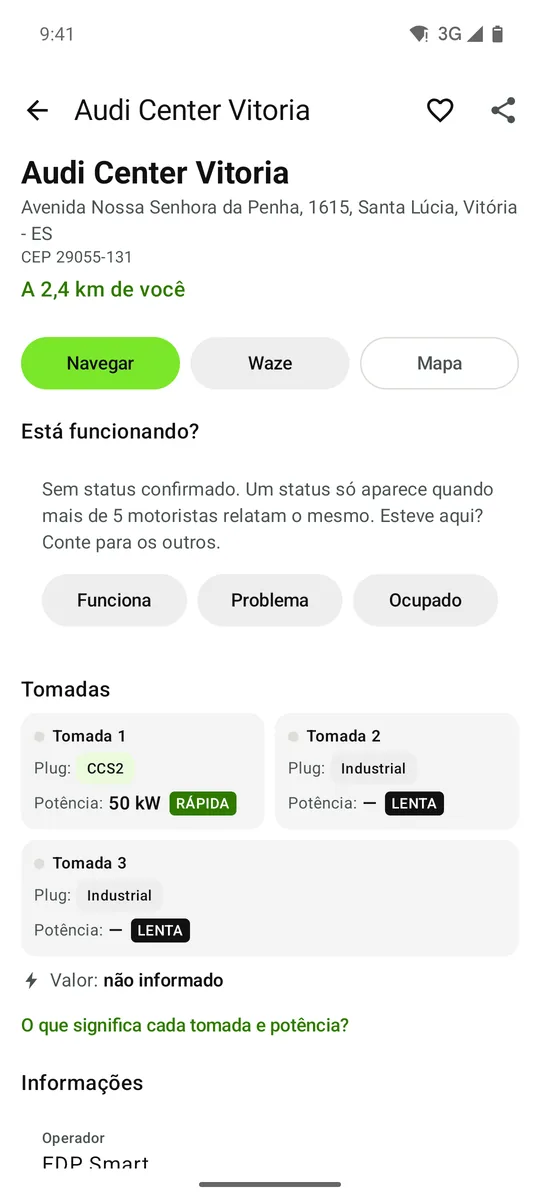 Ficha de um eletroposto no app com tomadas, potência e botão de navegação
